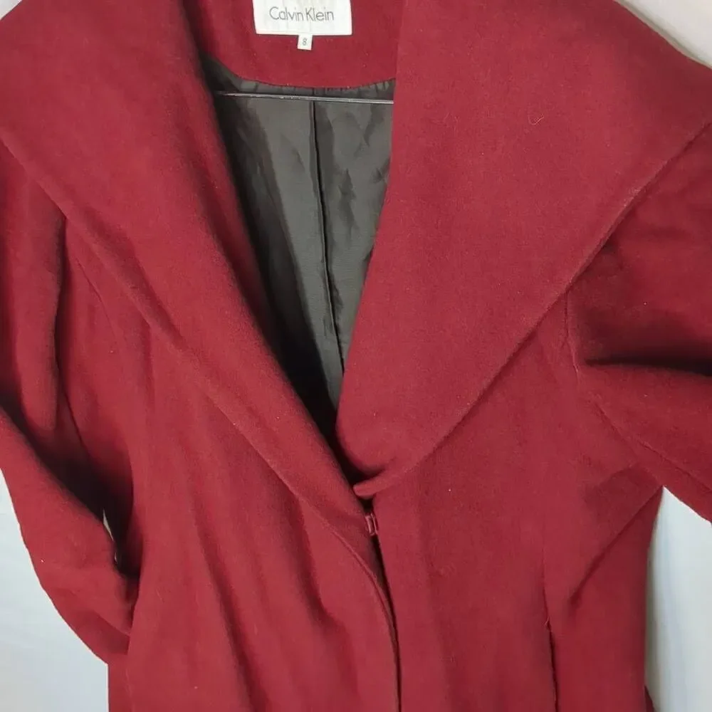 Calvin Klein Dark Red Burgundy Dress Trench Reefer Coat 8 Medium